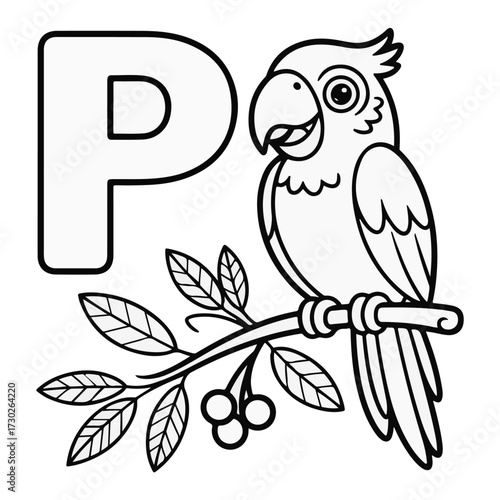 Alphabet 'P' letter with a cartoon parrot perched on a branch, perfect for educational materials and children's learning resources