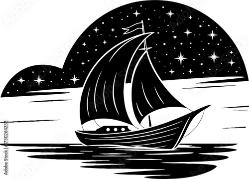 Sailing Ship with Stars and Clouds Nautical Vintage Design