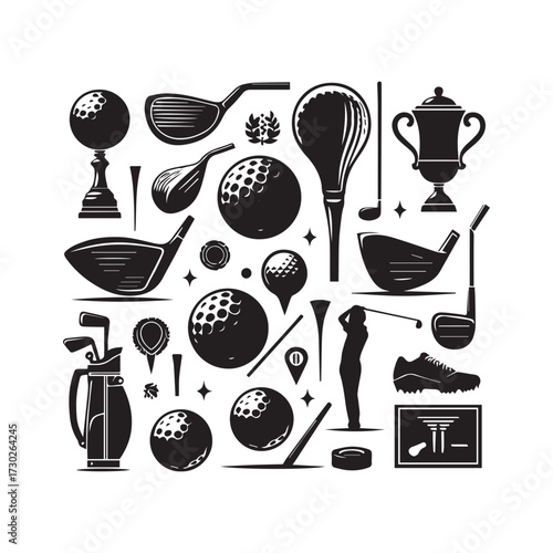 A collection of black silhouette golf icons including clubs balls trophies and a golfer on a white background Keywords: golf, sport, equipment, icon, silhouette, club, ball, trophy, golfer, tee
