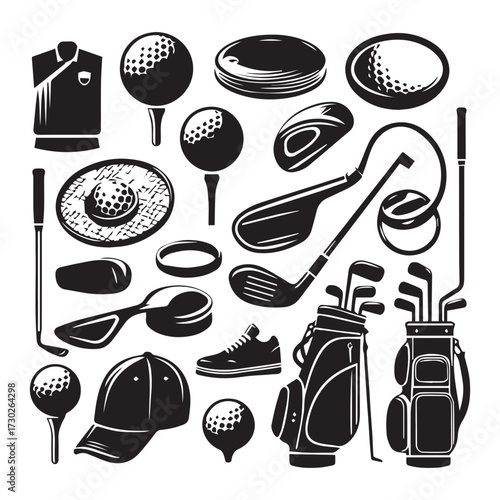 A collection of black silhouettes of golf equipment and apparel arranged in a scattered pattern Keywords: golf equipment golf balls golf clubs golf bag golf shoes golf cap golf shirt golf tees golf