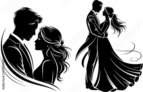 Elegant Couple Embracing in Silhouette Romantic Love Illustration
