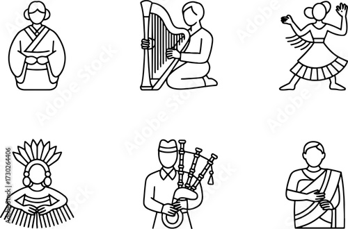 Traditional Cultural Figures in Folk Costume Playing Instruments and Dancing Outline Vector Design for Coloring Book