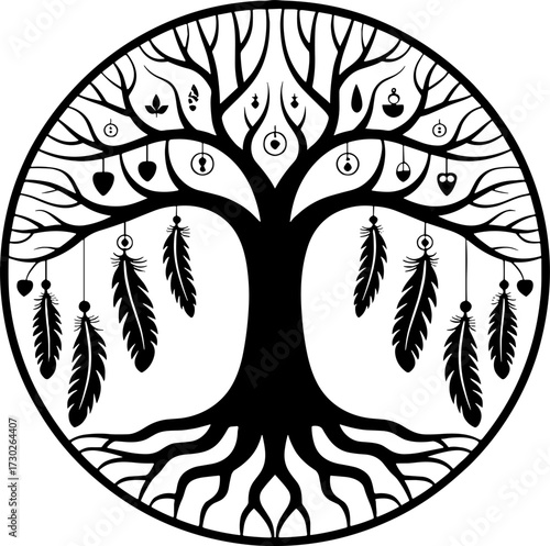Intricate Black Tree of Life with Feathers and Symbols Design