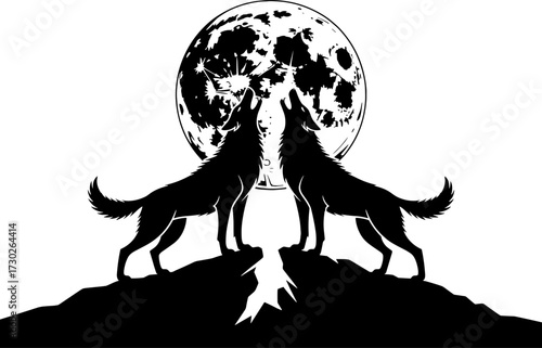 Two Wolves Howling at Full Moon on Mountain Silhouette for Tattoo and Coloring Book Design