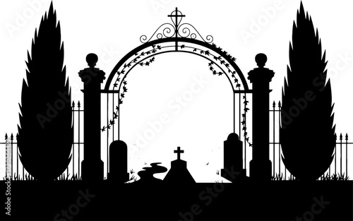Graveyard Gates with Tombstones Crosses and Cypress Trees Gothic Cemetery Scene for Tattoo Design