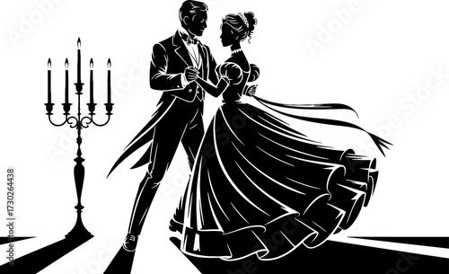 Elegant Vintage Ballroom Couple Dancing Formal Dress Tuxedo Silhouette for Wedding Invitations