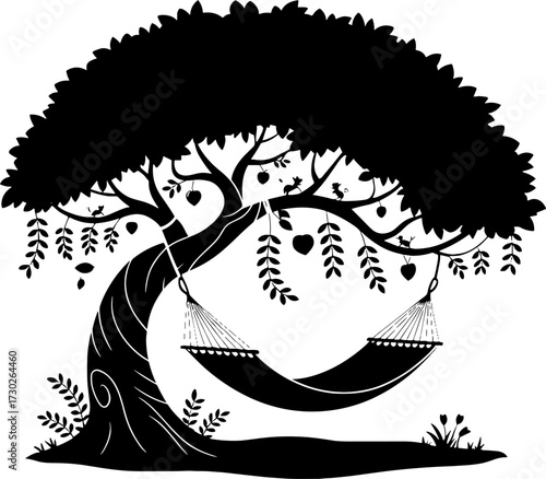 Serene Black Tree with Hammock for Relaxation and Nature Themes