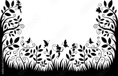 Fairy Silhouettes in Enchanted Garden with Butterflies and Twisting Vines Decorative Frame
