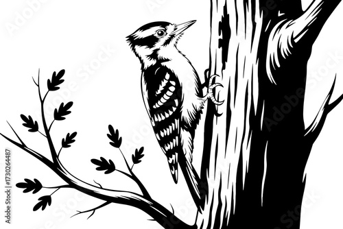 Woodpecker Climbing Tree Trunk Black and White Illustration for Coloring Book Nature Design
