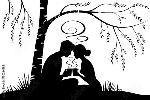 Couple Sharing Coffee Under a Tree Romantic Silhouette Art