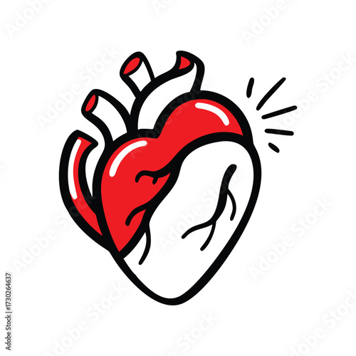 red beating heart with arteries and pulse lines doodle health love vector icon