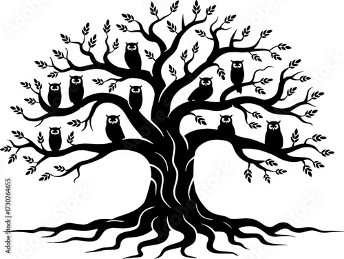 Detailed Black Silhouette Tree with Multiple Owls Perched on Branches with Roots Tattoo Design