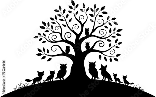 Silhouette Tree with Owls and Foxes Ideal for Children's Decor