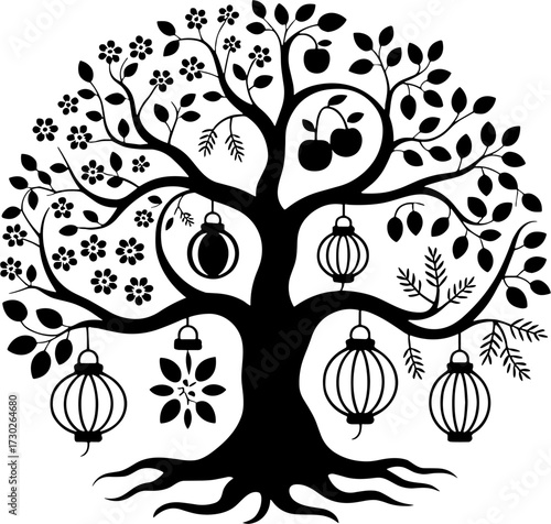 Decorative Tree with Lanterns Flowers and Fruits Ideal for Designs