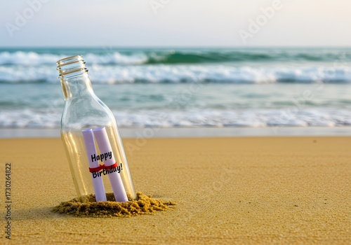 A glass bottle containing a rolled-up message stands in the sand on a beach with the ocean waves in the background.