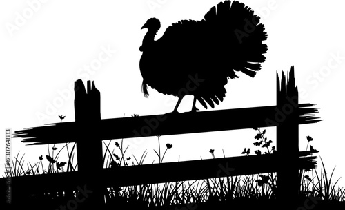 Wild Turkey Silhouette Standing on Rustic Wooden Fence with Grass and Flowers Outdoor Scene