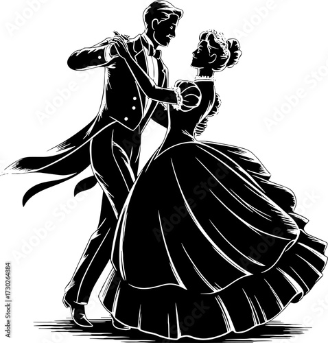Elegant Ballroom Dance Couple in Formal Vintage Attire Waltz Classic Dance Pose Illustration for Design