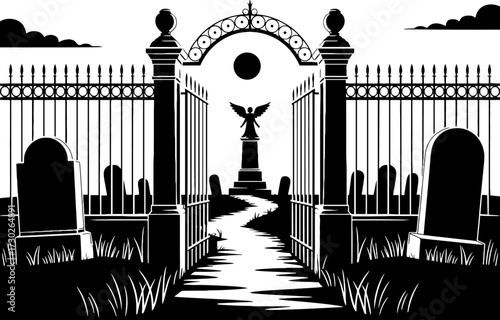 Gothic Cemetery Gates with Angel Statue Pathway and Iron Fence Graveyard Scene for Halloween Design