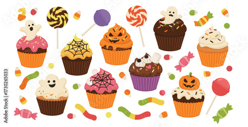 Halloween Cupcakes and Candies Spooky Sweet Treats Isolated on White
