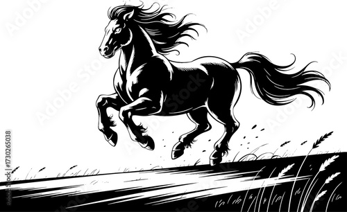 Majestic Black Horse Galloping with Flowing Mane in Nature Scene