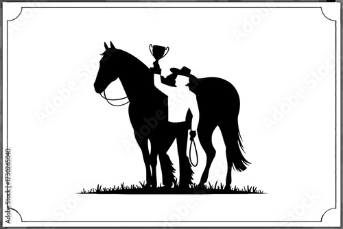 Cowboy holding trophy standing next to horse celebrating success western equestrian sports design
