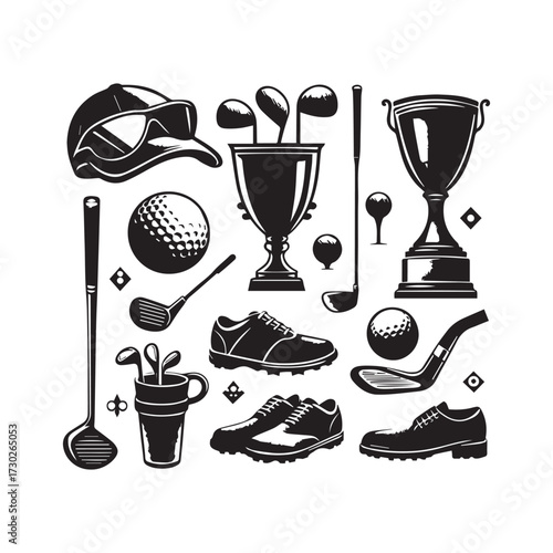 A collection of black silhouettes of golf trophies shoes and clubs on a white background Keywords: golf equipment golf balls golf clubs golf bag golf shoes golf trophy golf accessories golf sport