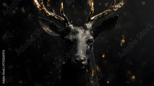 Stylized, close-up portrait of a black deer head, detailed in dark tones with glowing, golden particles surrounding it.