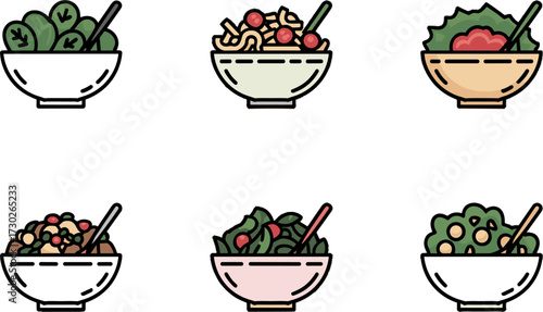 Colorful Vector Salad Bowls with Various Ingredients for Healthy Eating