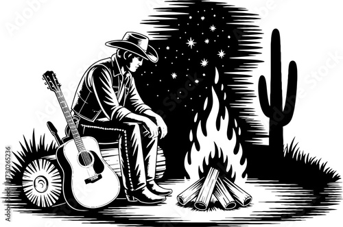 Cowboy Sitting by Campfire with Acoustic Guitar Desert Night Scene Cowboy Lifestyle Illustration for Tattoo or Coloring Book