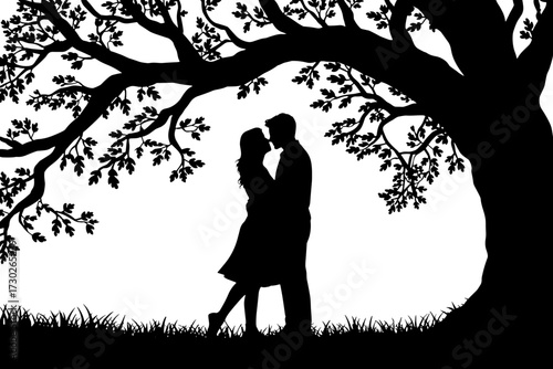 Silhouette of Couple Embracing Under a Tree for Romantic Decor