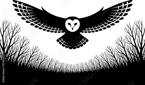 Black silhouette of barn owl flying over bare forest branches wildlife nature vector for tattoo design and coloring book