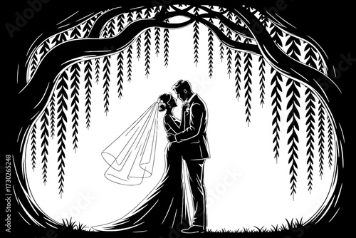 Romantic Bride and Groom Embrace Under Weeping Willow Tree Silhouette Wedding Illustration for Invitations and Decor
