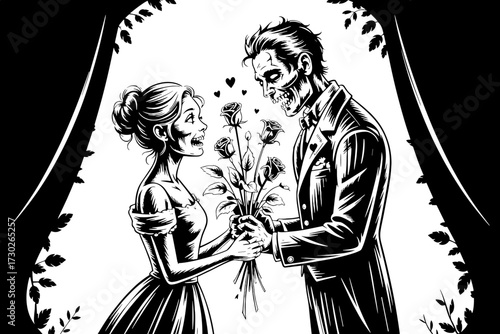 Zombie Couple in Love Holding Roses Vintage Illustration