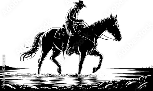 Cowboy Riding Horse Through Shallow River Water Western Scene Tattoo Design