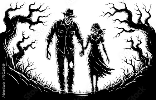 Zombie Couple Walking Through Spooky Trees Horror Illustration for Halloween Tattoo Design and Coloring Book