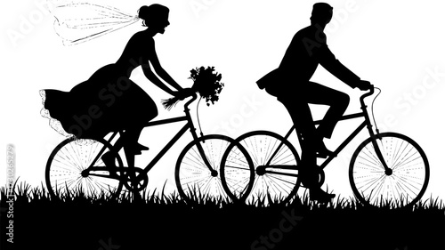 Bride and Groom Cycling Together Silhouette Romantic Wedding Scene Outdoors Vector Illustration