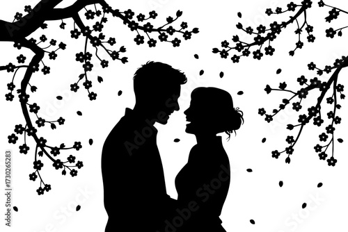 Romantic Couple Silhouette Under Cherry Blossom Tree Branches with Falling Petals Suitable for Tattoo Design and Wall Art