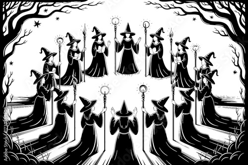 Mysterious Circle of Witches Holding Staves in Enchanted Forest