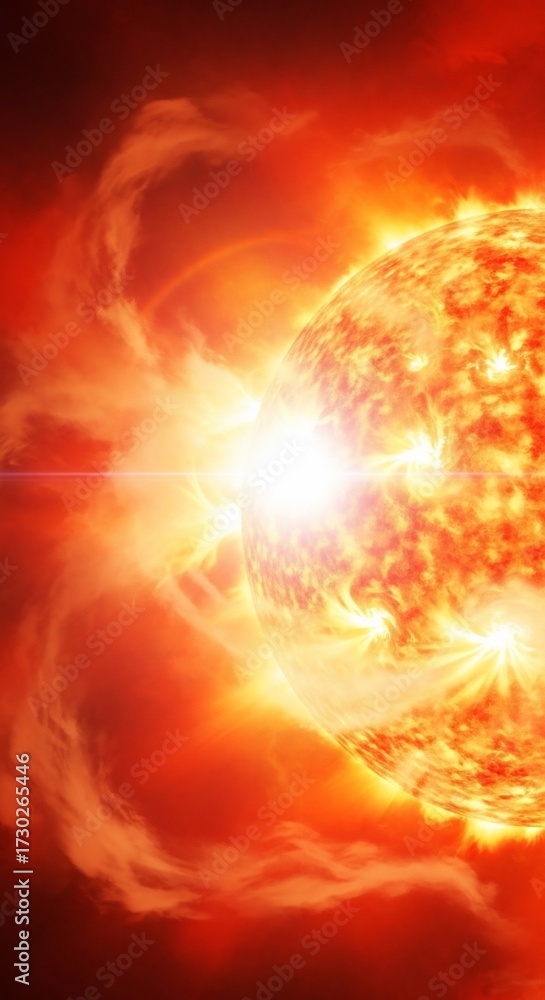 Fototapeta premium A bright orange star with flares and plasma clouds in a dark red and orange space scene
