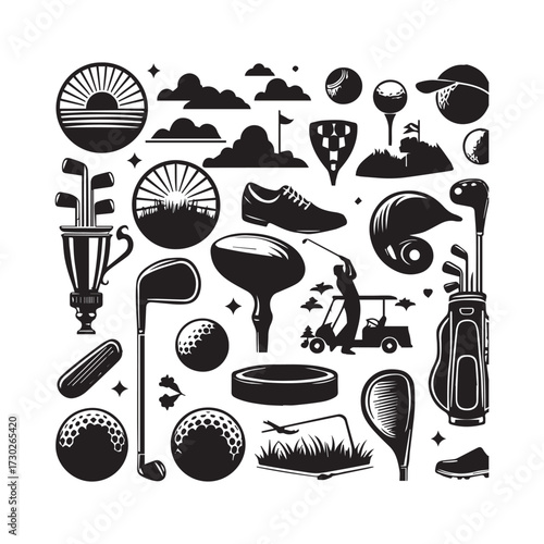 A dynamic arrangement of black golf silhouettes with action and landscape elements Keywords: golf equipment golf balls golf clubs golf bag golf shoes golf cap golf shirt golf tees golf accessories