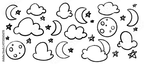 Crayon drawings of moon with cloud shapes and star patterns by kid using chalk for night sky illustration. Simple celestial elements scattered across space. Childlike sketches for nursery or school.