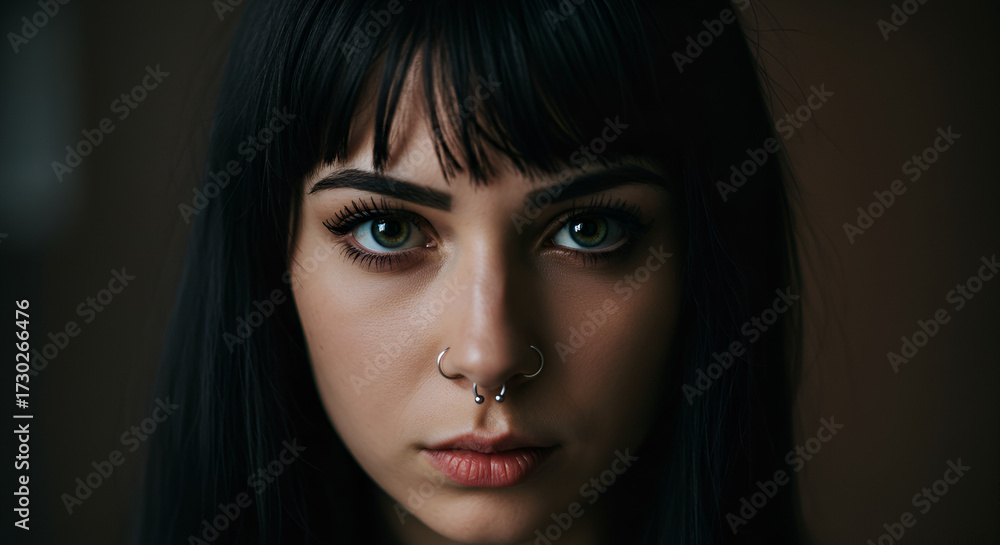 Fototapeta premium Intense gaze of a young woman with piercings and dark, captivating eyes