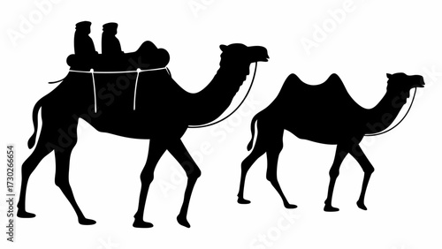 Two camels with riders travel across desert sands evoking adventure, tradition, and journey imagery.