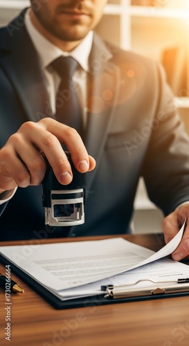 Man in suit holding a stamp over document on desk in office setting with natural light coming in