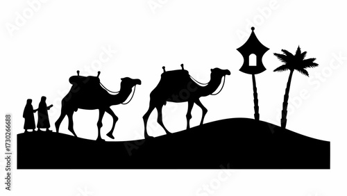 Mysterious caravan crossing arid desert landscape with camels, silhouetted palm tree, and an exotic tower, evoking adventure and Arabian nights charm