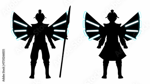 Futuristic warrior silhouettes with glowing wings, perfect for game design, comic art, or sci-fi projects, offering a unique and striking visual element