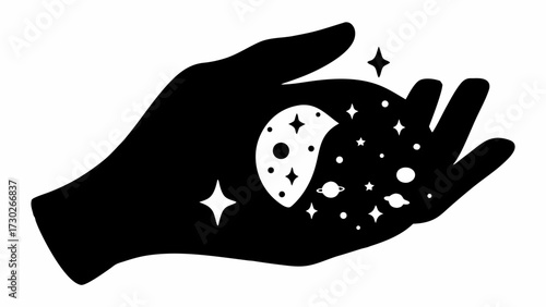 Mystical hand cradling universe, dreamy celestial design with moon, stars, and planets, perfect for astrology, tarot, or spiritual themes in design