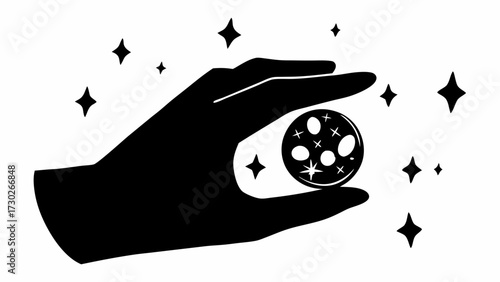 Mystical hand holding a glowing orb, radiating magic and wonder, a captivating illustration perfect for fantasy themes and spiritual concepts, black and white design