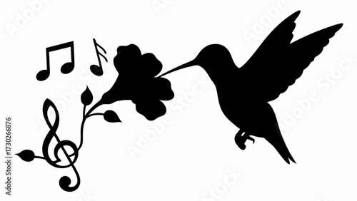 Elegant hummingbird sips nectar from a flower amidst musical notes, creating a whimsical and delightful scene, perfect for nature and music lovers