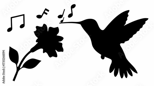 Hummingbird gracefully sips nectar from a flower, accompanied by musical notes, creating a harmonious and enchanting nature scene for print or design